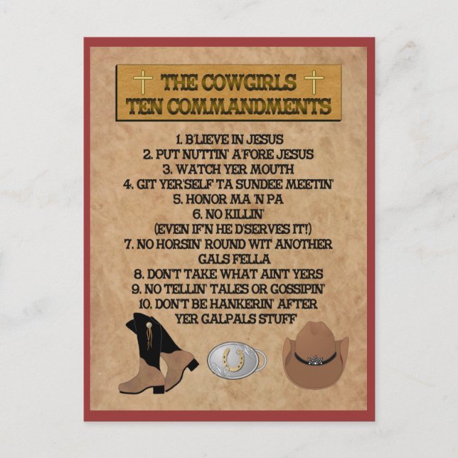 Cowgirl 10 Commandments POSTCARD Vykort (Framsida)