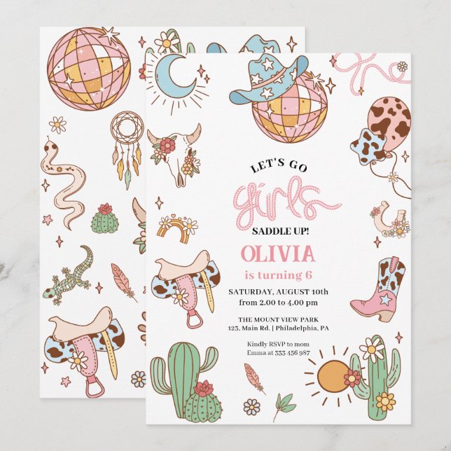 Cowgirl 6-års födelsedagsfest Let's go girl Disco Spara Datumet (Fram/baksida)