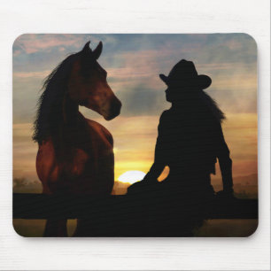 Cowgirl and Horse in Sunset Mouse Pad Musmatta
