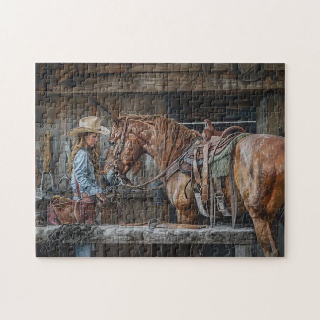 Cowgirl and Horse Rustic Western Ranch Pussel (Horisontell)