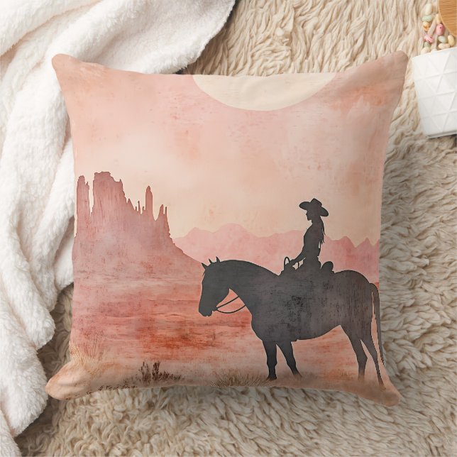 Cowgirl and Horse Southwestern Sunset Silhouette Kudde (Filt)