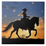 Cowgirl and Horse Sunset Fantasy Country Western Kakelplatta<br><div class="desc">Country western cowgirl riding her horse in a fun sunset. A pretty ranch decor tile that looks great framed and makes a fun gift.</div>