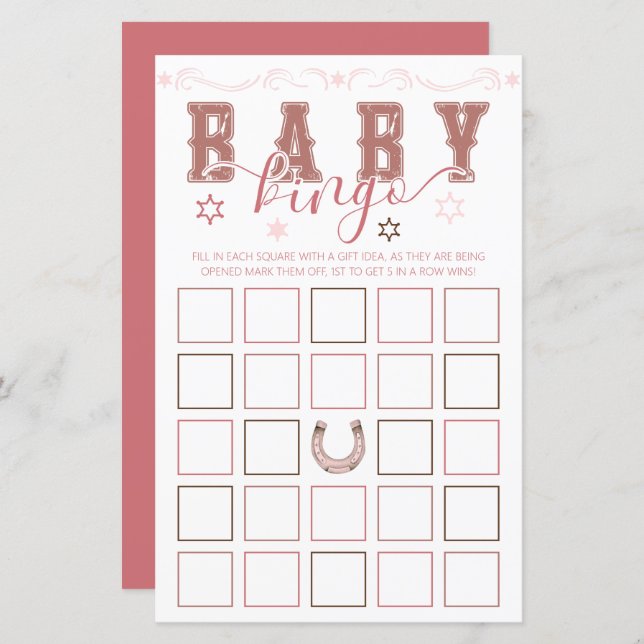 Cowgirl Baby Shower Bingo Game - Saddle Up Stil (Fram/baksida)