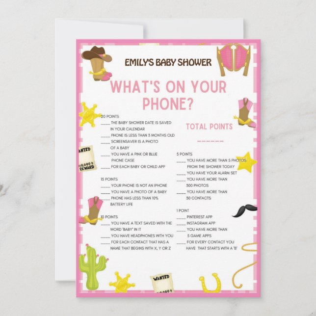 Cowgirl Baby Shower Game - Editable Namn, 5x7 stor Inbjudningar (Framsida)