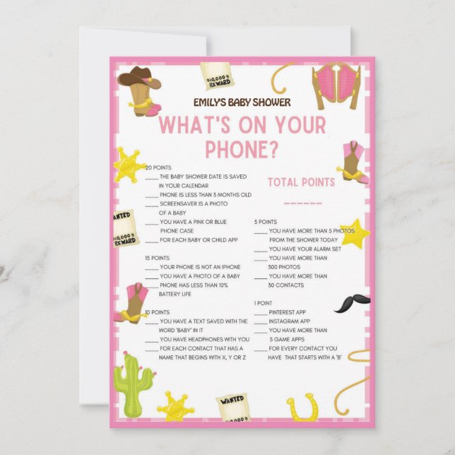 Cowgirl Baby Shower Game - Editable Namn, 5x7 stor Inbjudningar (Framsida)