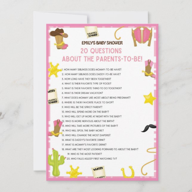 Cowgirl Baby Shower Game - Editable Namn, 5x7 stor Inbjudningar (Framsida)