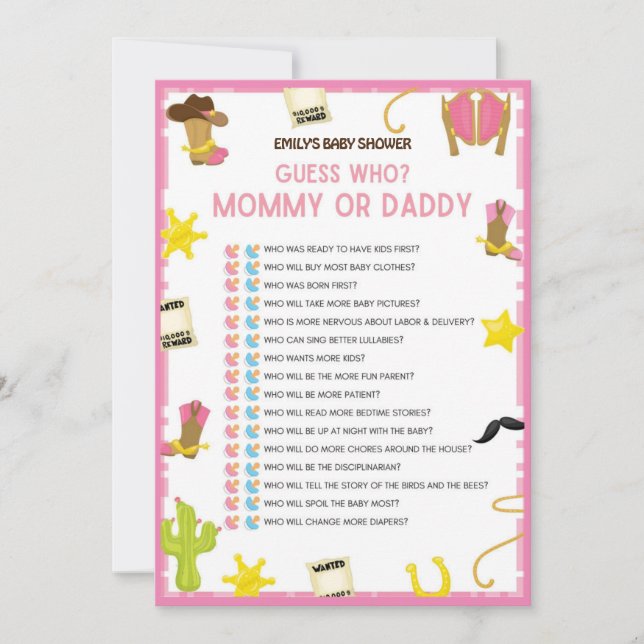 Cowgirl Baby Shower Game - Editable Namn, 5x7 stor Inbjudningar (Framsida)