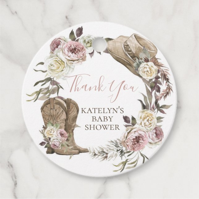 Cowgirl Baby Shower-Märkre, Tack Gåvor Etiketter (Framsida)