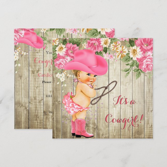 Cowgirl Baby Shower Rosa Boots Blommigt Blonde Bab Inbjudningar (Fram/baksida)