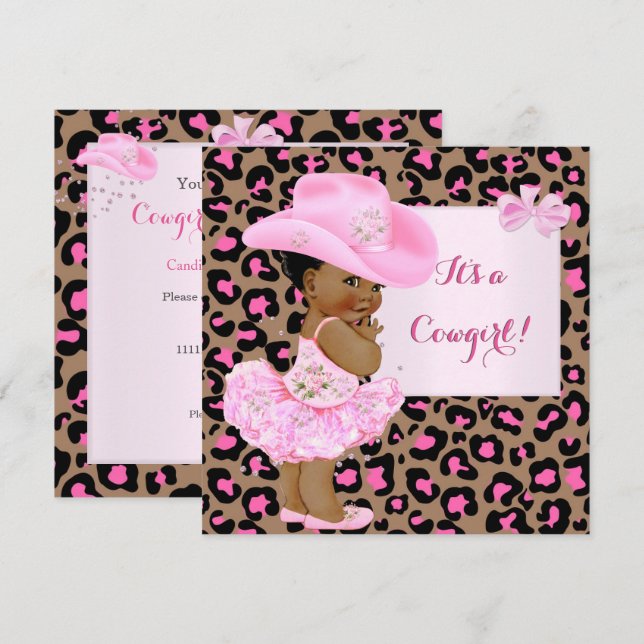 Cowgirl Baby Shower Rosa Leopard Girl Ethnic nic Inbjudningar (Fram/baksida)