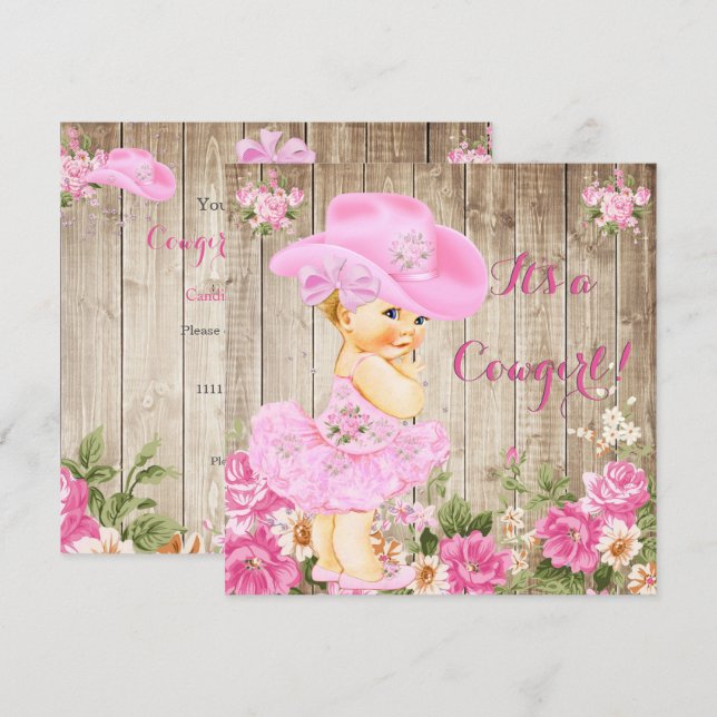 Cowgirl Baby Shower Rosa Rustic Wood Girl Blonde Inbjudningar (Fram/baksida)