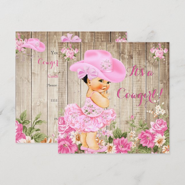 Cowgirl Baby Shower Rosa Rustic Wood Girl Brunette Inbjudningar (Fram/baksida)