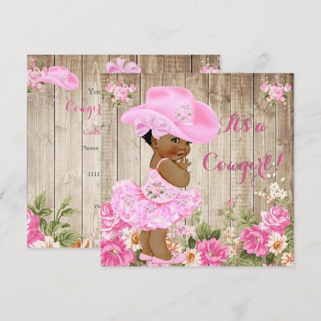 Cowgirl Baby Shower Rosa Rustic Wood Girl Ethnic n Inbjudningar (Fram/baksida)