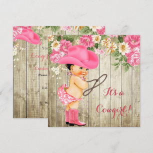Cowgirl Baby Shower Rosa Stövlar Blommig Brunett Inbjudningar