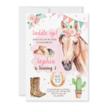Cowgirl Birthday Inbjudan Girl Horse Rosa Watercol