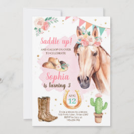 Cowgirl Birthday Inbjudan Girl Horse Rosa Watercol
