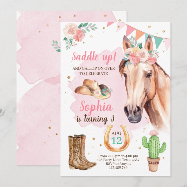 Cowgirl Birthday Inbjudan Girl Horse Rosa Watercol (Fram/baksida)