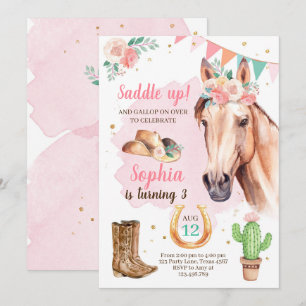 Cowgirl Birthday Inbjudan Girl Horse Rosa Watercol