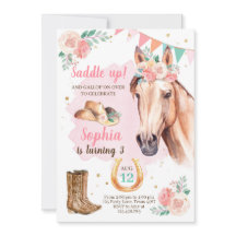 Cowgirl Birthday Inbjudan Girl Horse Rosa Watercol