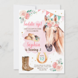 Cowgirl Birthday Inbjudan Girl Horse Rosa Watercol