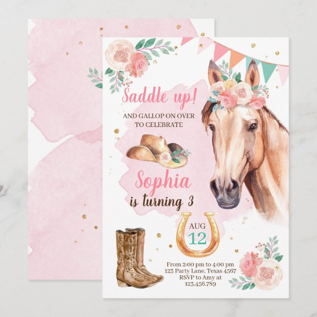 Cowgirl Birthday Inbjudan Girl Horse Rosa Watercol (Fram/baksida)
