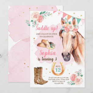 Cowgirl Birthday Inbjudan Girl Horse Rosa Watercol