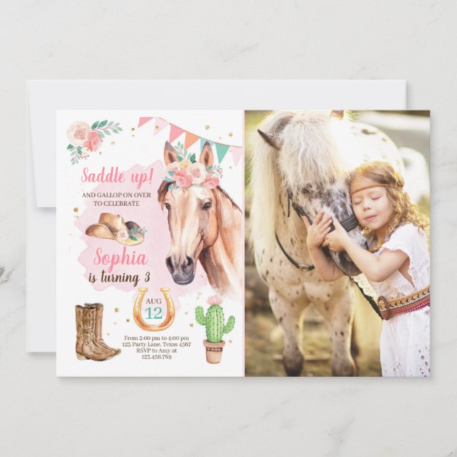 Cowgirl Birthday Inbjudan Girl Horse Rosa Watercol (Framsida)