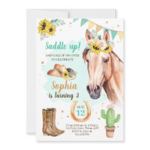 Cowgirl Birthday Inbjudan Girl Horse SunblommBlue