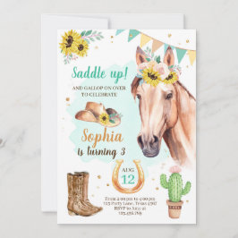 Cowgirl Birthday Inbjudan Girl Horse SunblommBlue