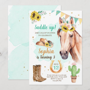 Cowgirl Birthday Inbjudan Girl Horse SunblommBlue
