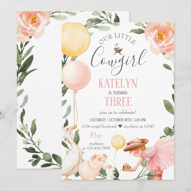 Cowgirl Birthday-inbjudan till Greenery Inbjudningar (Fram/baksida)