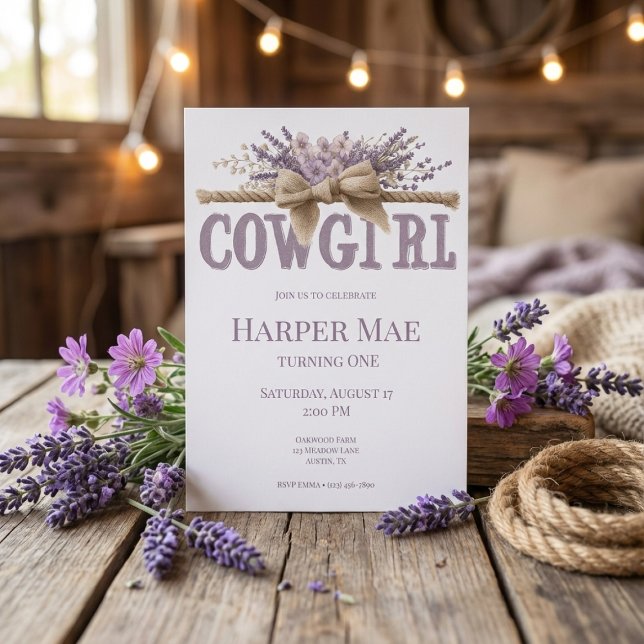 Cowgirl Birthday Invitation | Farm Theme Inbjudningar (watercolor cowgirl birthday invitation with lavender flowers on rustic wooden background)