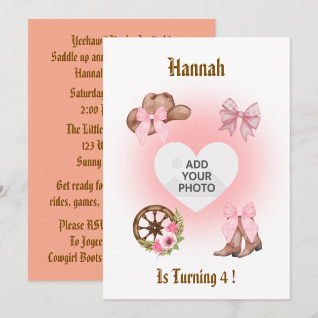 Cowgirl Birthday Invitation Inbjudningar (Fram/baksida)