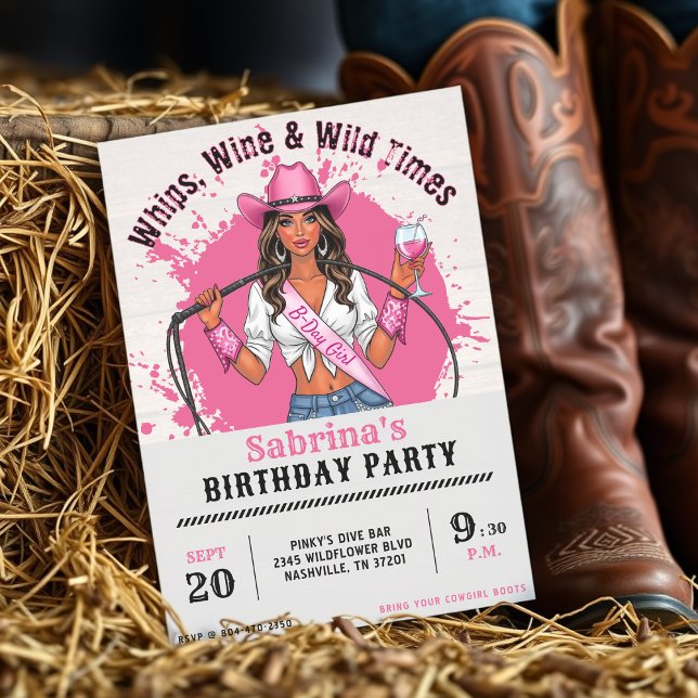 Cowgirl Birthday Party Whips Wine & Wild Times Inbjudningar (Cowgirl Birthday Party Whips Wine & Wild Times Invitation
)