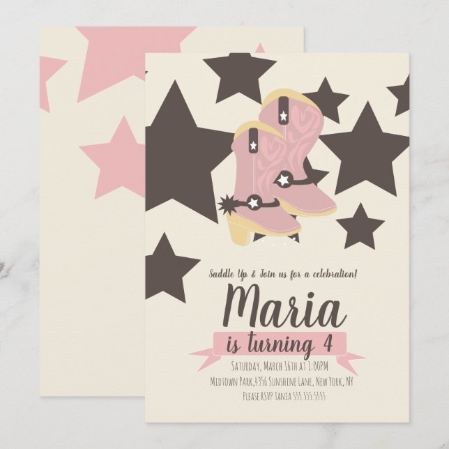 Cowgirl Birthday Rosa Stars-inbjudan Inbjudningar (Fram/baksida)