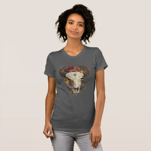 Cowgirl Blommig Bison Djur Hornad Dödskalle T Shirt