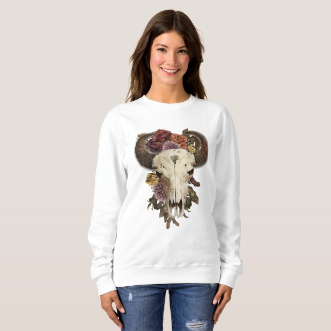 Cowgirl Blommigt Bison Animal Horned Skull T Shirt (Hel framsida)