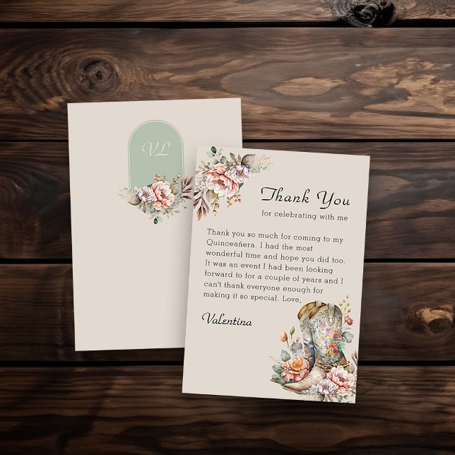 Cowgirl Blommigt Boots Rustic Boho Tack Kort (Monogrammed Thank you Card from my Boho Floral Cowgirl Boots Quinceanera Collection
)