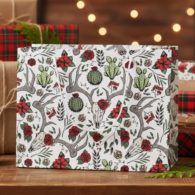 Cowgirl Blommigt Reindeer Skull (Country Xmas Gothic Reindeer Skulls, Roses, Succulents, Cacti, Berries Western Christmas Gift Bags)