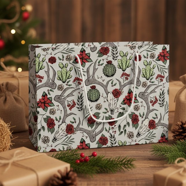 Cowgirl Blommigt Reindeer Skull (Country Xmas Gothic Reindeer Skulls, Roses, Succulents, Cacti, Berries Western Christmas Gift Bags)