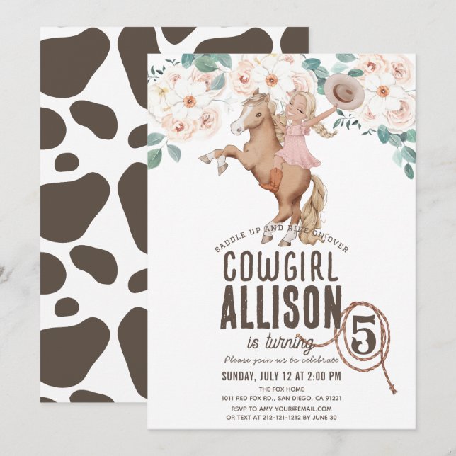 Cowgirl Blommigt Rodeo Western Pony Ride Birthday Inbjudningar (Fram/baksida)