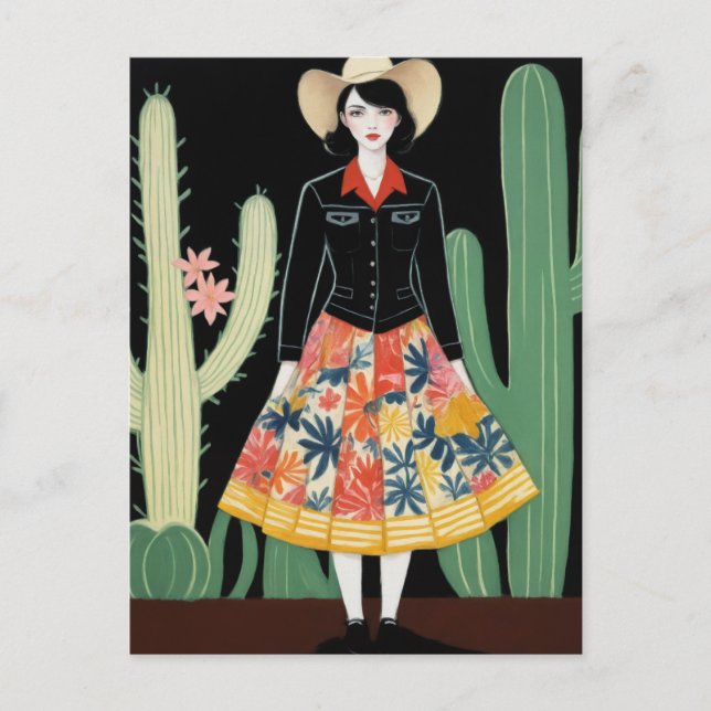 Cowgirl Blommigt Skirt and Cactus Vykort (Framsida)