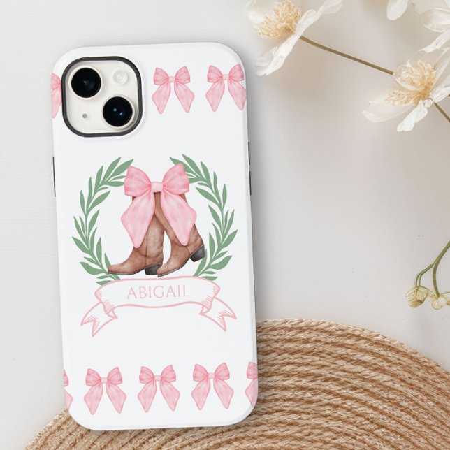 Cowgirl Boots and Rosa Bows Personlig (Personalized iphone case with cowgirl boots, pink bows and club style logo by Darling and May)
