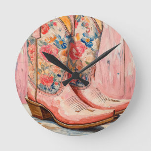 Cowgirl Boots Blommigt Rosa Vintage Western Rund Klocka