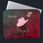 Cowgirl Boots Hat Butterfly Burgundy Personlig Laptop Fodral<br><div class="desc">Ett par cowgirl stövlar med en hatt och fjärilar. Bakgrunden är ett denim struktur i ett vin-rött färg. Anpassa genom att redigera eller ta bort texten i textrutan före utcheckningen. Du kan ändra färg och stil i texten på redigeringsmenyn.</div>