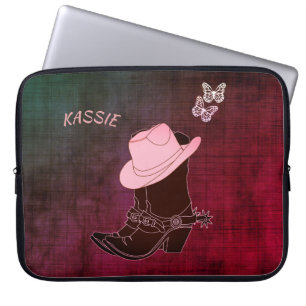 Cowgirl Boots Hat Butterfly Burgundy Personlig Laptop Fodral