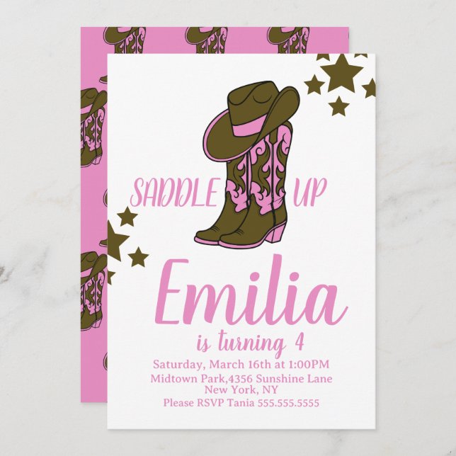 Cowgirl Boots Horse Themed Birthday Pink Inbjudningar (Fram/baksida)