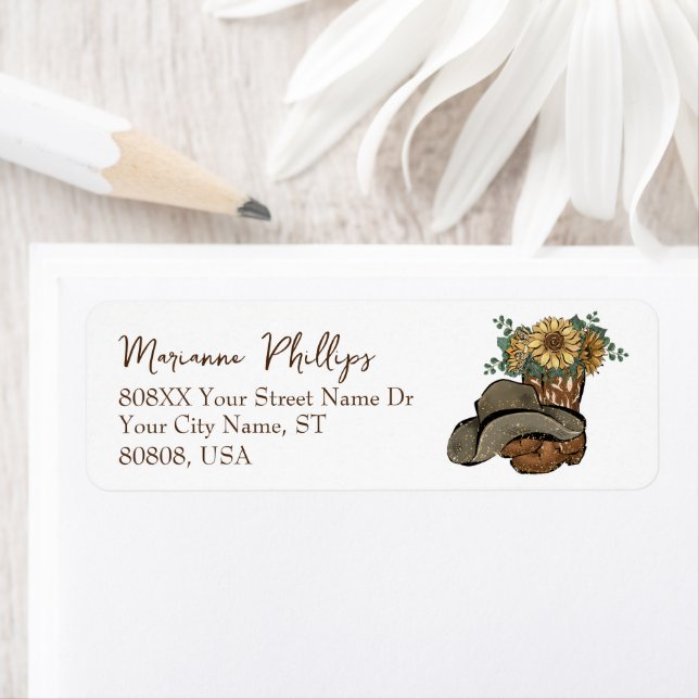 Cowgirl Boots och Hat med solblommor Returadress Etikett (Insitu)