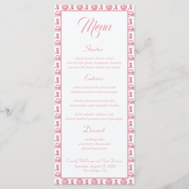 Cowgirl Boots Rosa Westernare Bröllop Menu Meny (Framsida)
