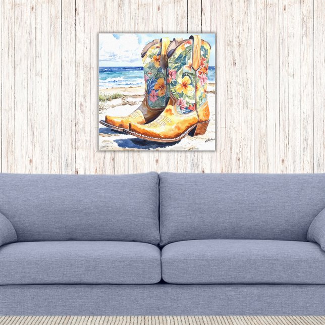 Cowgirl Boots with Hawaiian Blommigt Watercolor Canvastryck (Tropical Hawaiian Floral Patterned Cowgirl Boots on the Beach Western Canvas Print)